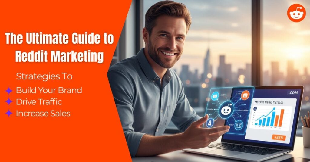 Reddit marketing strategy diagram showing account setup, community engagement, and linking tactics for online businesses