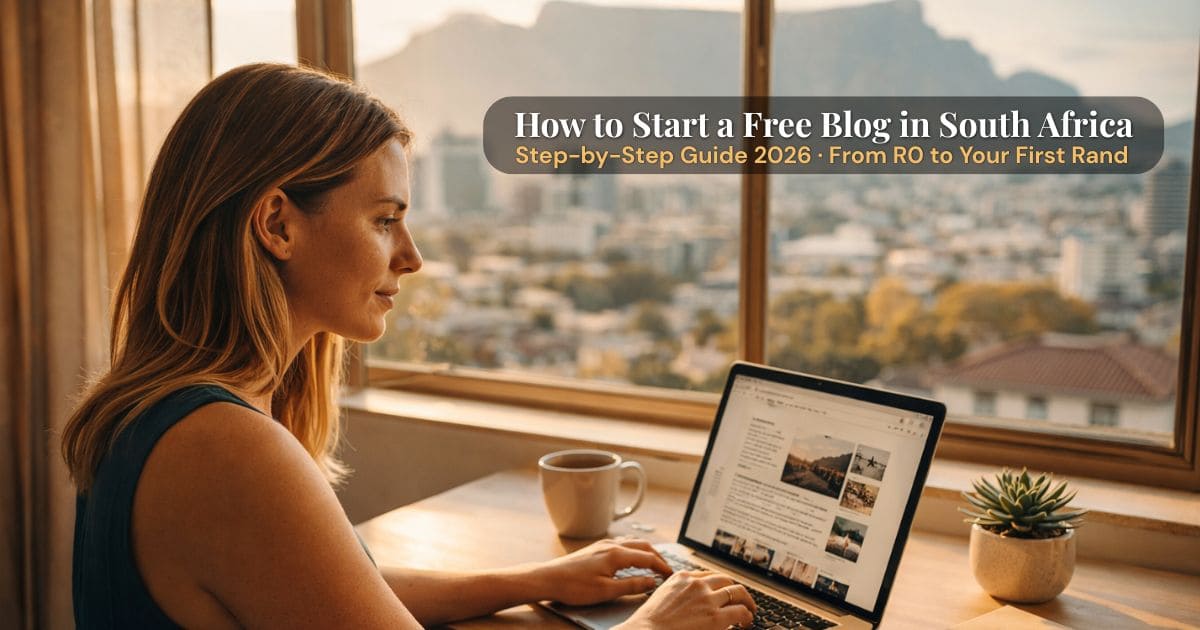 How to start a free blog in South Africa — woman working on laptop at home with coffee and notebook