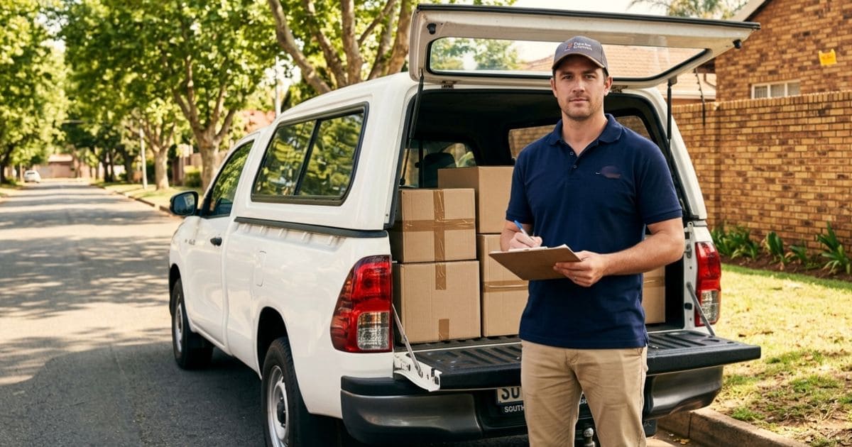 South African courier owner driver standing next to his white bakkie loaded with parcel boxes on a residential street in Gauteng