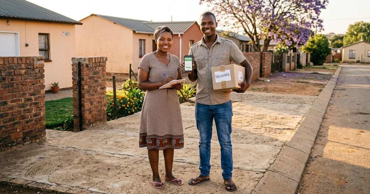 Two South Africans starting their own small businesses — courier delivery and service work — outside a home in a South African suburb