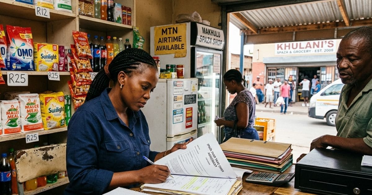 South African entrepreneur reviewing paperwork while taking over an existing spaza shop
