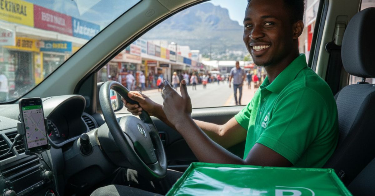 South African delivery driver checking a phone delivery app beside a car loaded with parcels