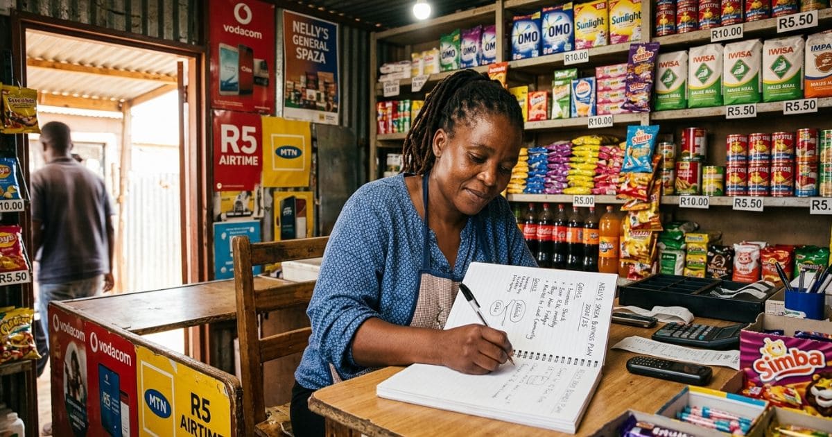 South African spaza shop owner writing a business plan at a small shop counter