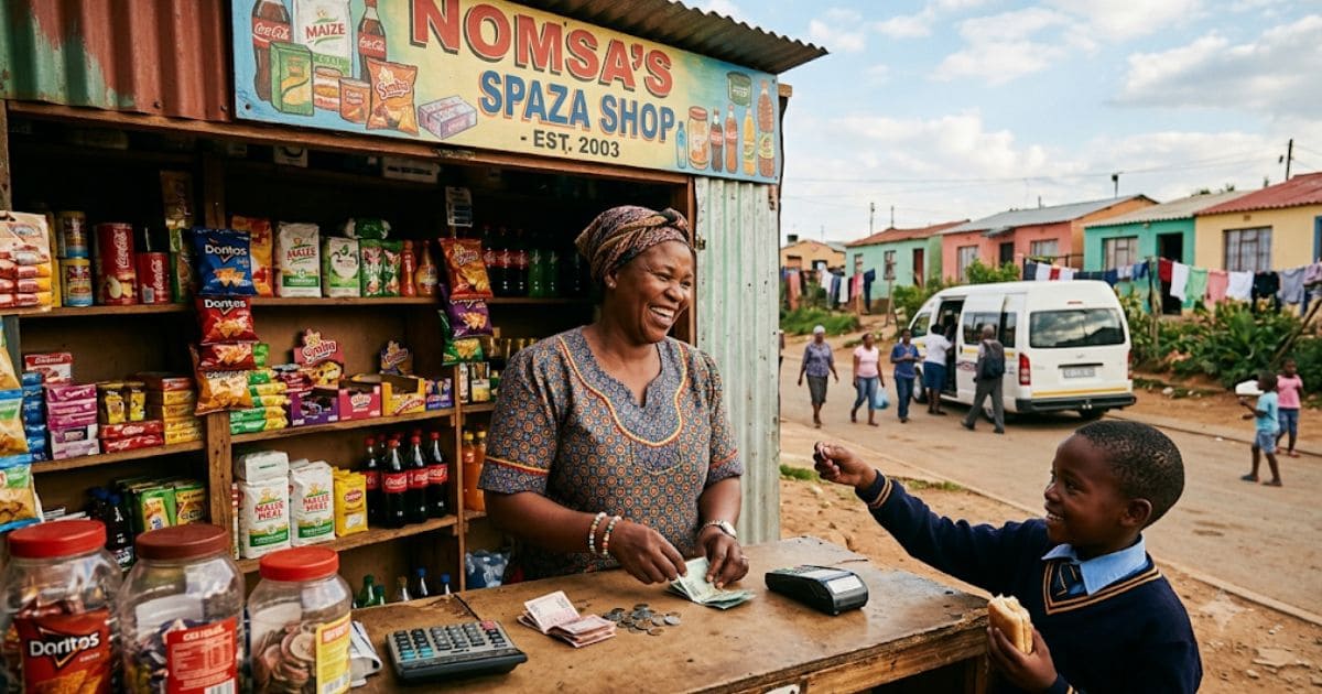 South African spaza shop owner stocking shelves in a small township convenience store