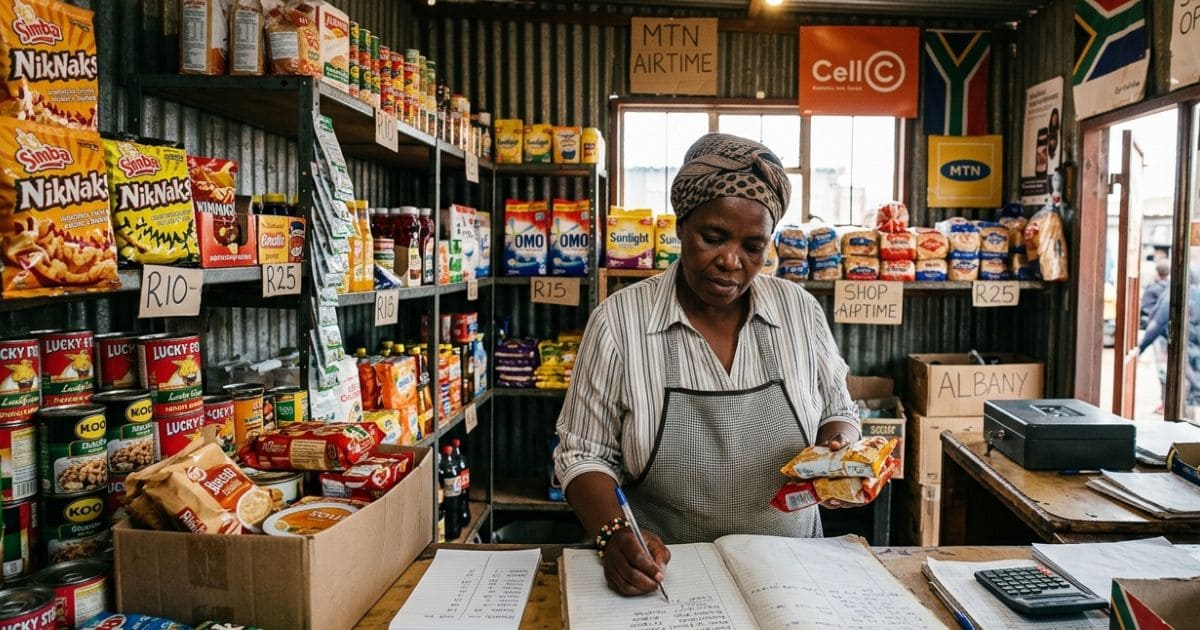 South African spaza shop owner counting stock and startup costs for a new store