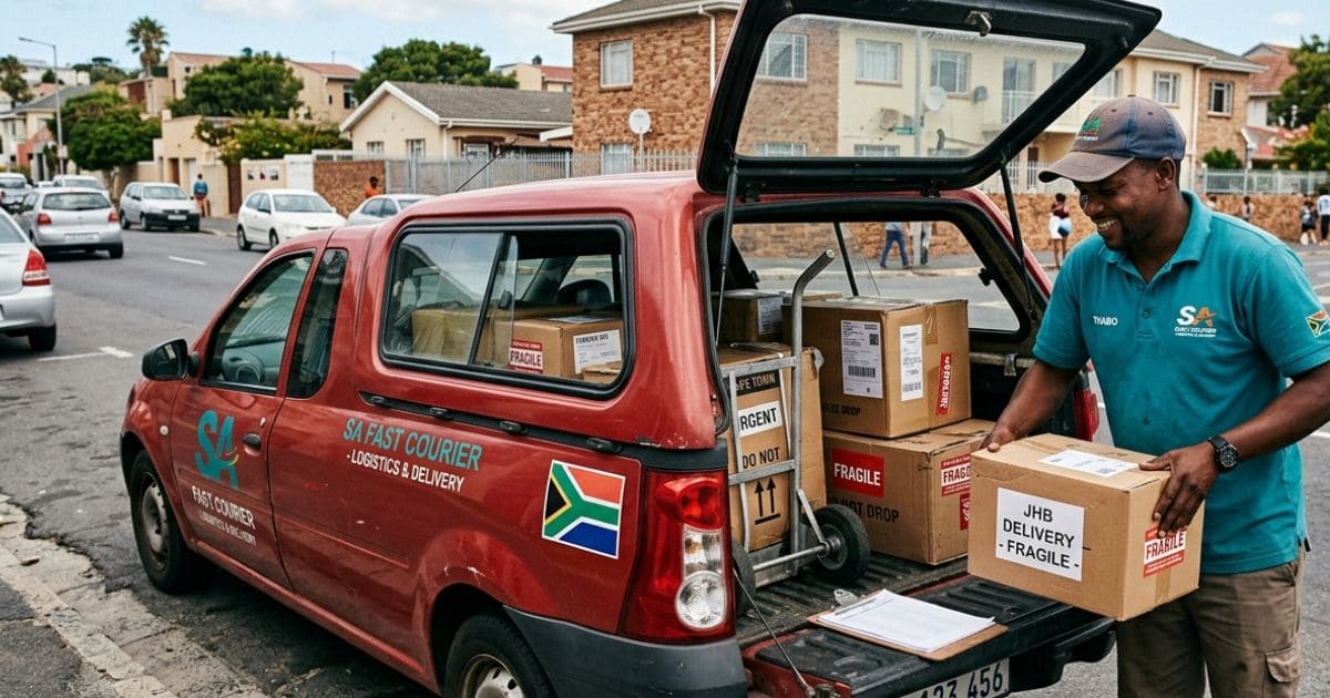 South African courier driver loading parcels into the back of a small hatchback car for a gig delivery app