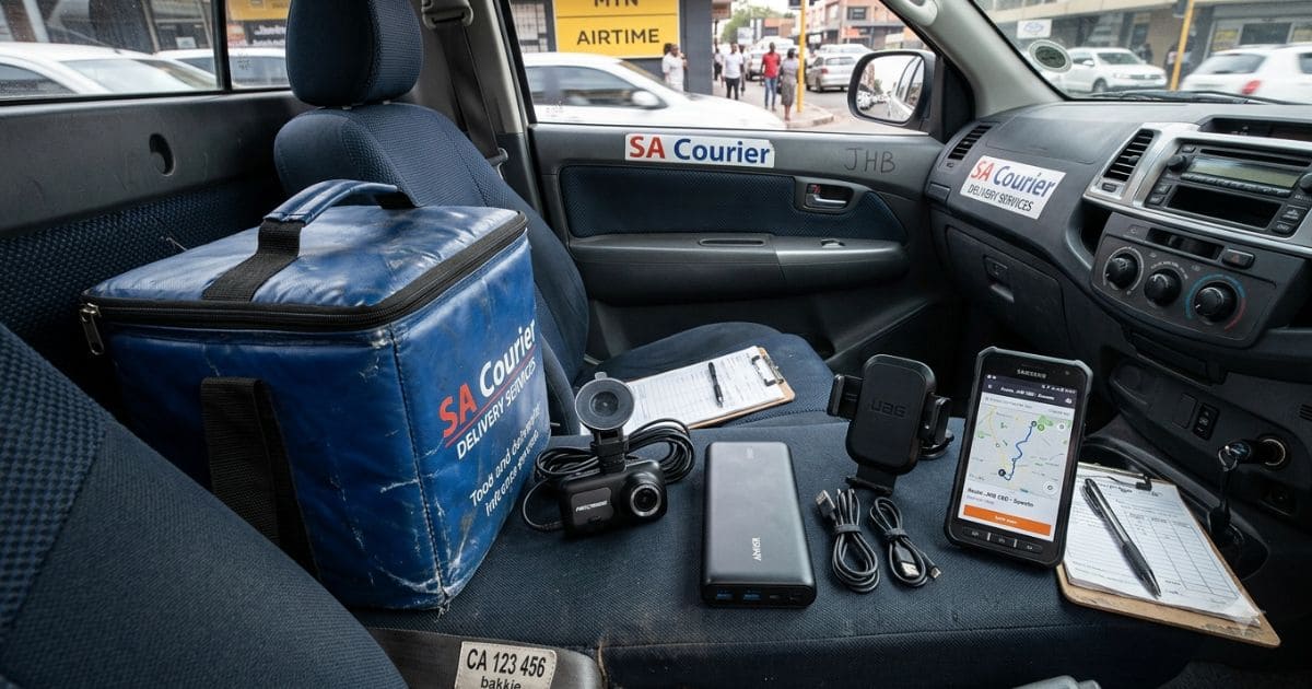 Courier driver equipment laid out on a car seat: dashcam, phone mount, power bank and insulated delivery bag