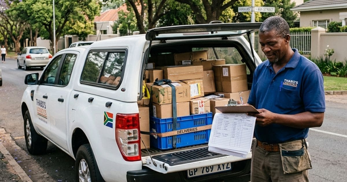 South African courier driver checking a delivery manifest beside a loaded bakkie in a Johannesburg suburb