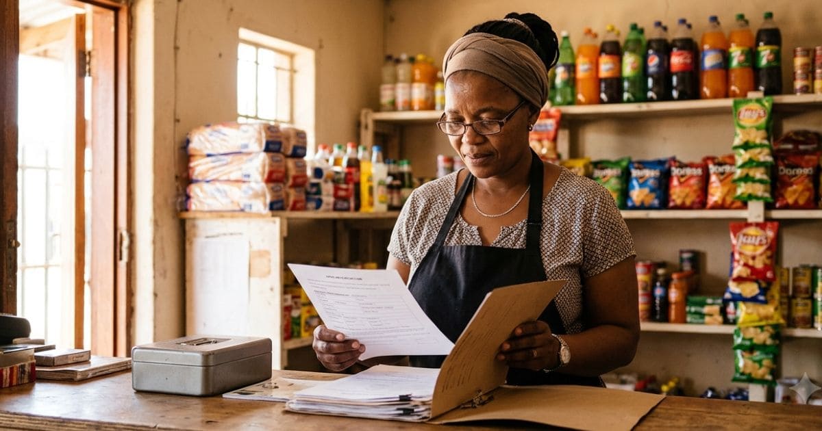 South African spaza shop owner reviewing registration documents at a municipal office